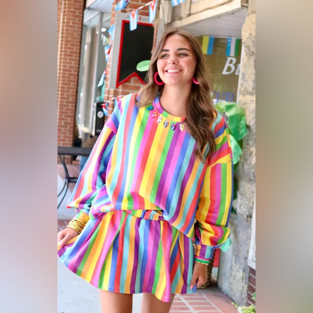 Queen of Sparkles Jeweled Rainbow Striped Sweatshirt and Skort Set